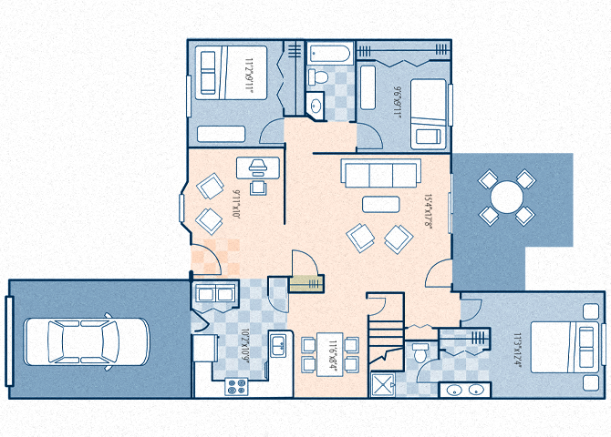 Floor plan for 3 beds, 2 baths, 1113 sqft